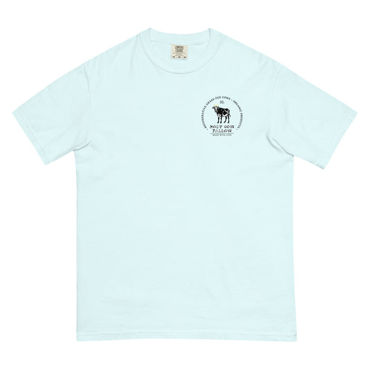 Holy Cow Tallow T-Shirt, Light blue T-shirt, Cow themed sunset