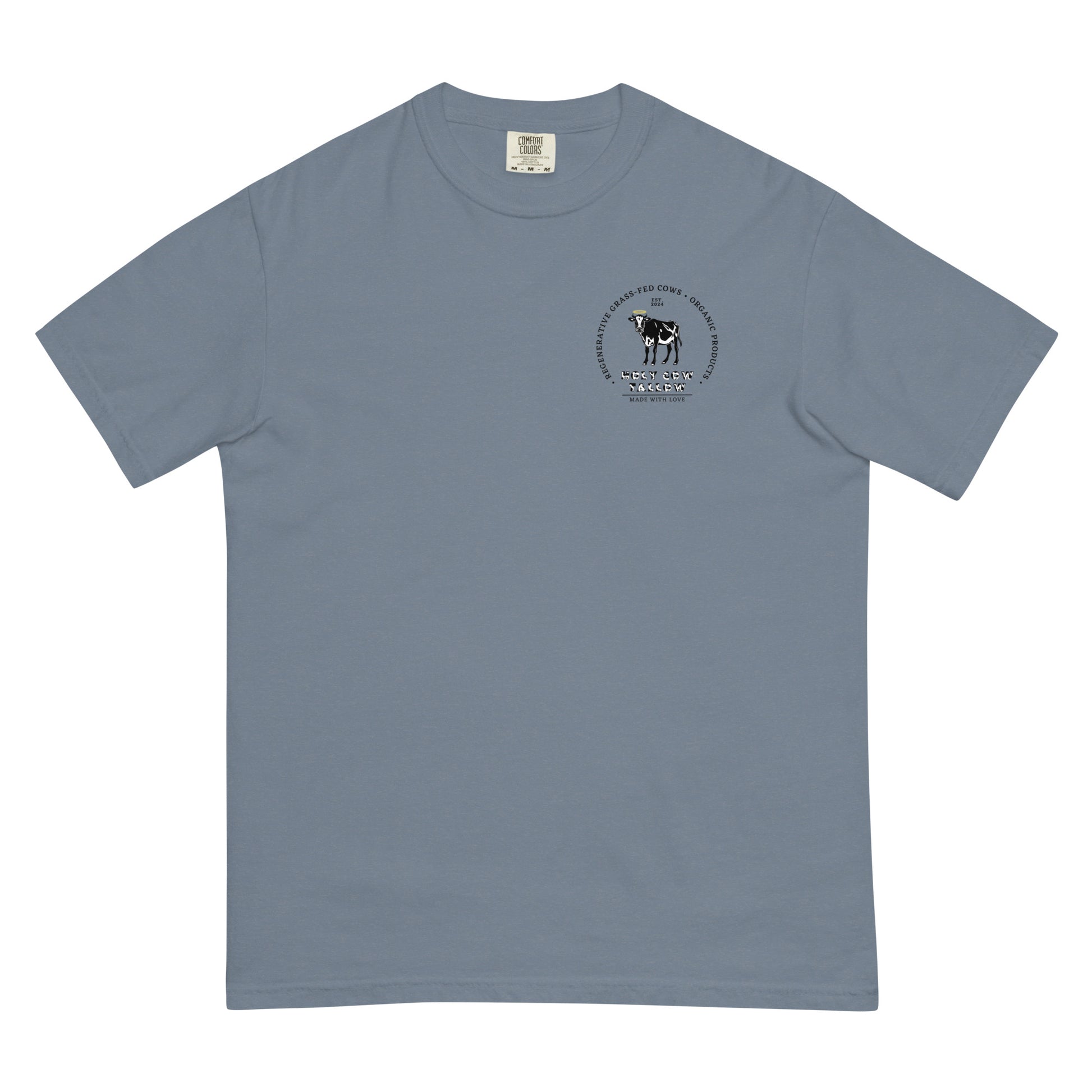 Holy Cow Tallow T-Shirt, Light blue T-shirt, Cow themed sunset