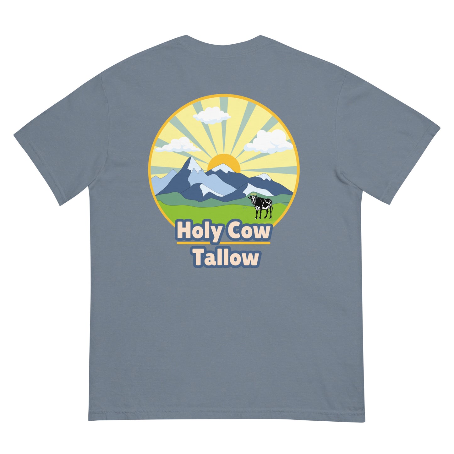 Holy Cow Tallow T-Shirt, Light blue T-shirt, Cow themed sunset